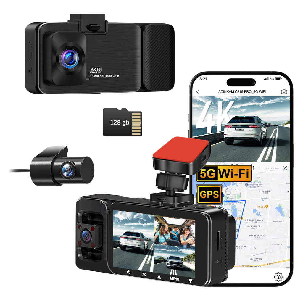 C315 PRO NOVATEK 3 Channel (4K+1K+1K) 5.8GHz High Speed WIFI Dash Cam, 128gb, Hardwire Kit Included