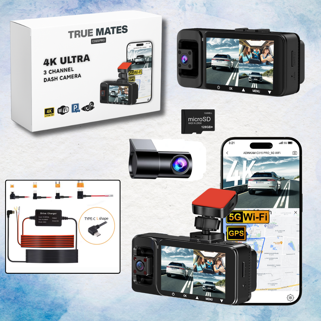 TRUE MATES 3-Channel 4K Dash Cam (128GB & Hardwire Kit) — 4K Front + 1K Inside & Rear | 24/7 Parking Guard for Cars, SUVs, Minivans & Pickups