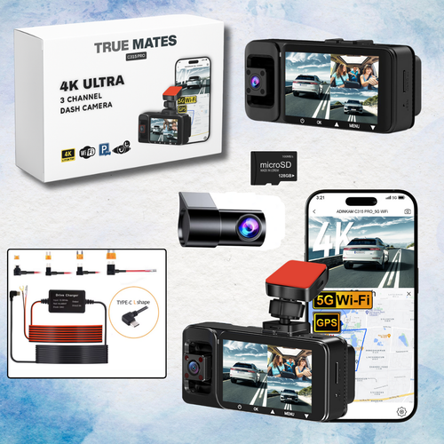 TRUE MATES 3-Channel 4K Dash Cam (128GB & Hardwire Kit) — 4K Front + 1K Inside & Rear | 24/7 Parking Guard for Cars, SUVs, Minivans & Pickups