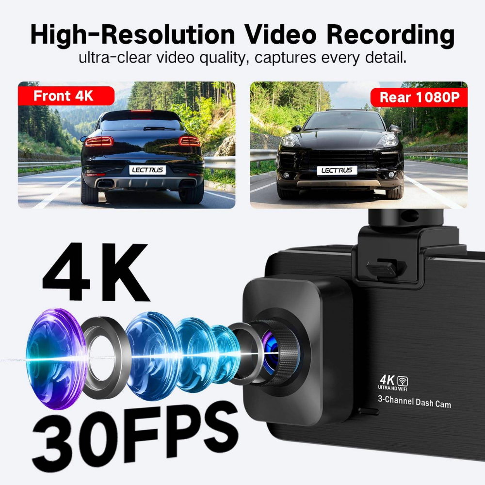 C315 PRO NOVATEK 3 Channel (4K+1K+1K) 5.8GHz High Speed WIFI Dash Cam, 128gb, Hardwire Kit Included