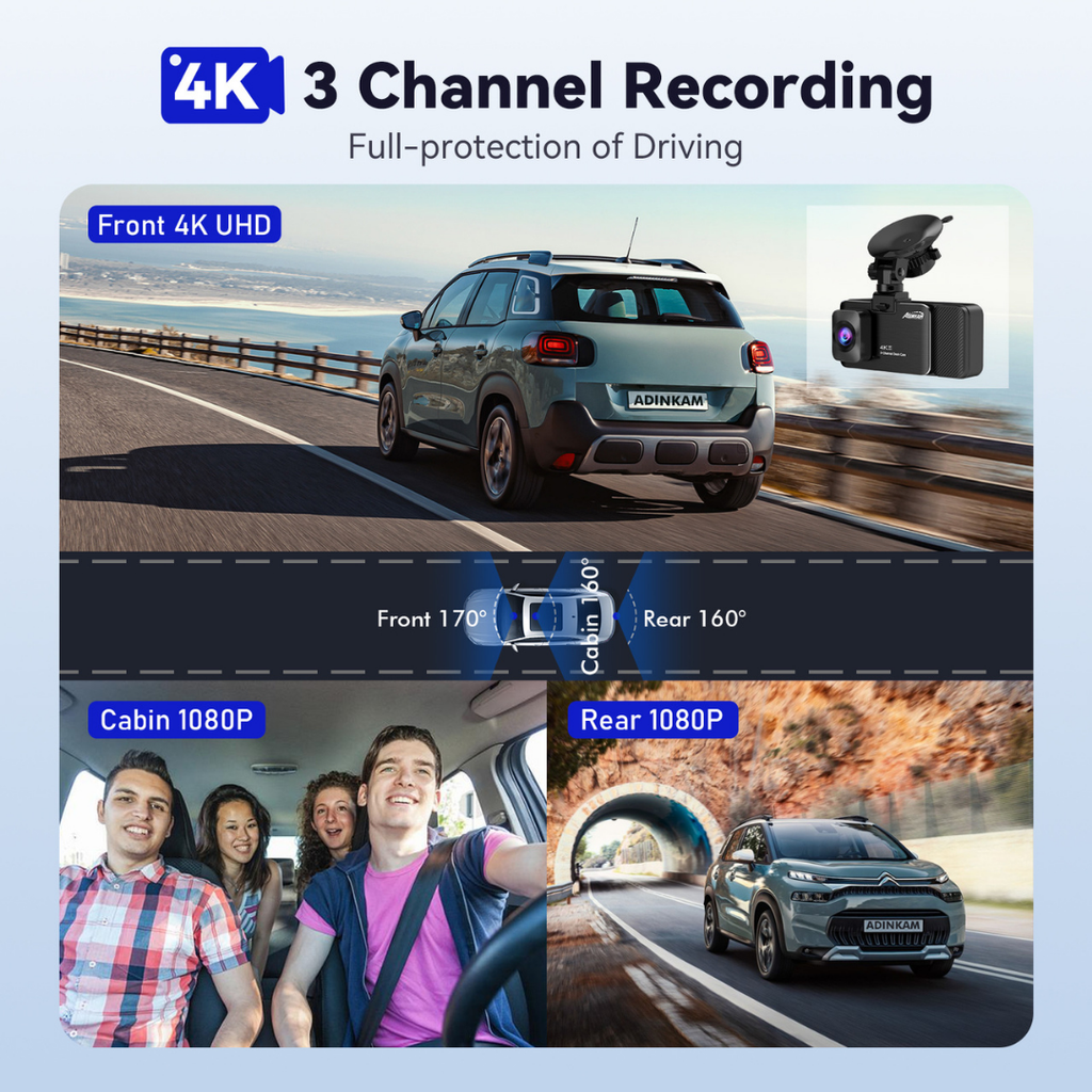 TRUE MATES 3-Channel 4K Dash Cam (128GB & Hardwire Kit) — 4K Front + 1K Inside & Rear | 24/7 Parking Guard for Cars, SUVs, Minivans & Pickups