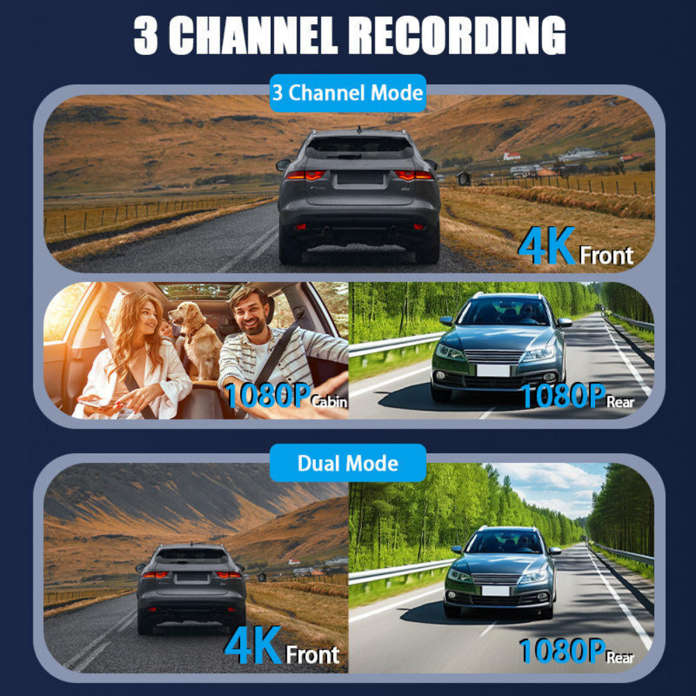 C315 PRO NOVATEK 3 Channel (4K+1K+1K) 5.8GHz High Speed WIFI Dash Cam, 128gb, Hardwire Kit Included