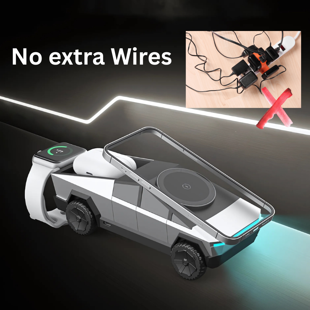3-in-1 Cybertruck Desktop Wireless Charger | Magnetic Charging Station for iPhone, AirPods & iWatch – Car Model Design, Fast & Stylish Charging Hub